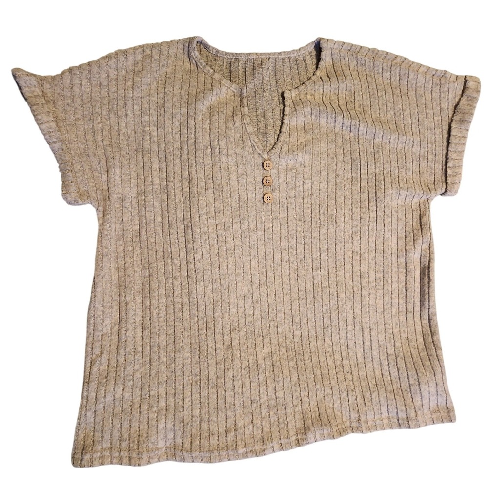 Womens Ribbed Knit Top Button Up V Neck Short Sleeve Casual Beige Blouse